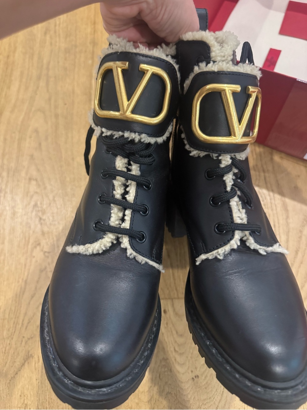 Valentino Black Leather Lace-Up Boots with Gold V Emblem